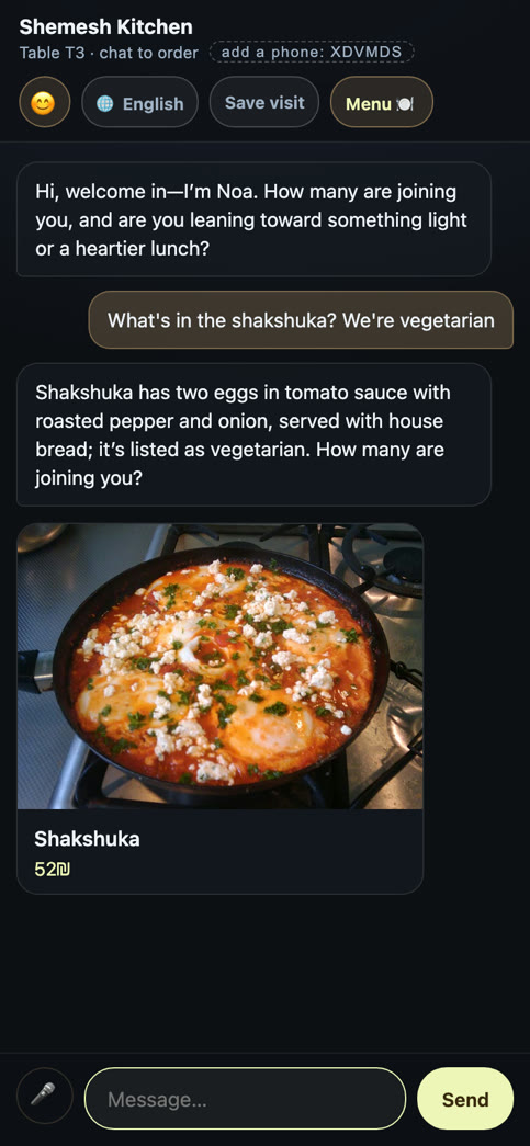 The guest's screen: a question about a dish, answered from the menu with a photo