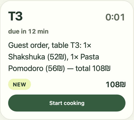 The kitchen screen: the order ticket with the table and the clock
